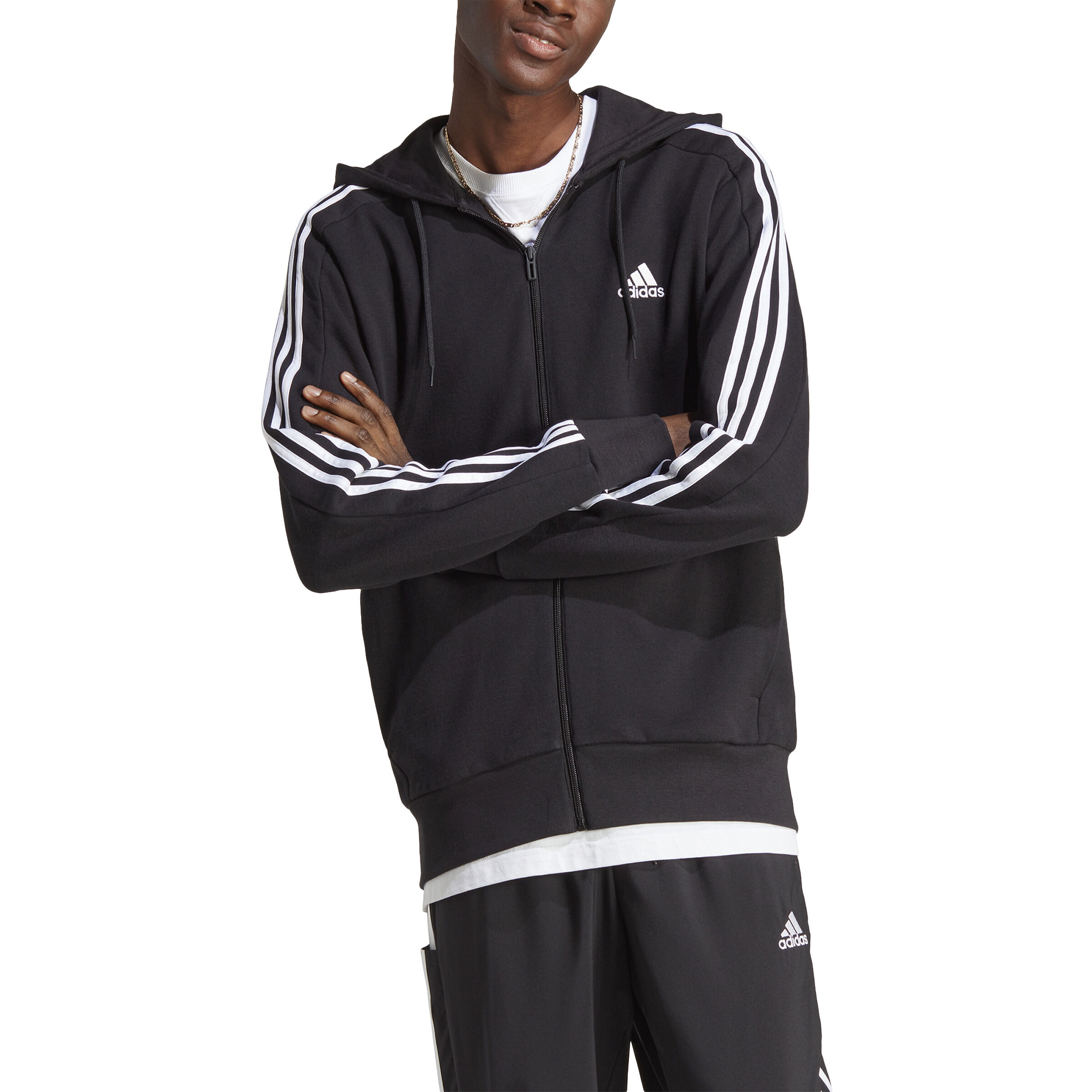 Essentials French Terry 3 Stripes Full Zip Hoodie Men Black White