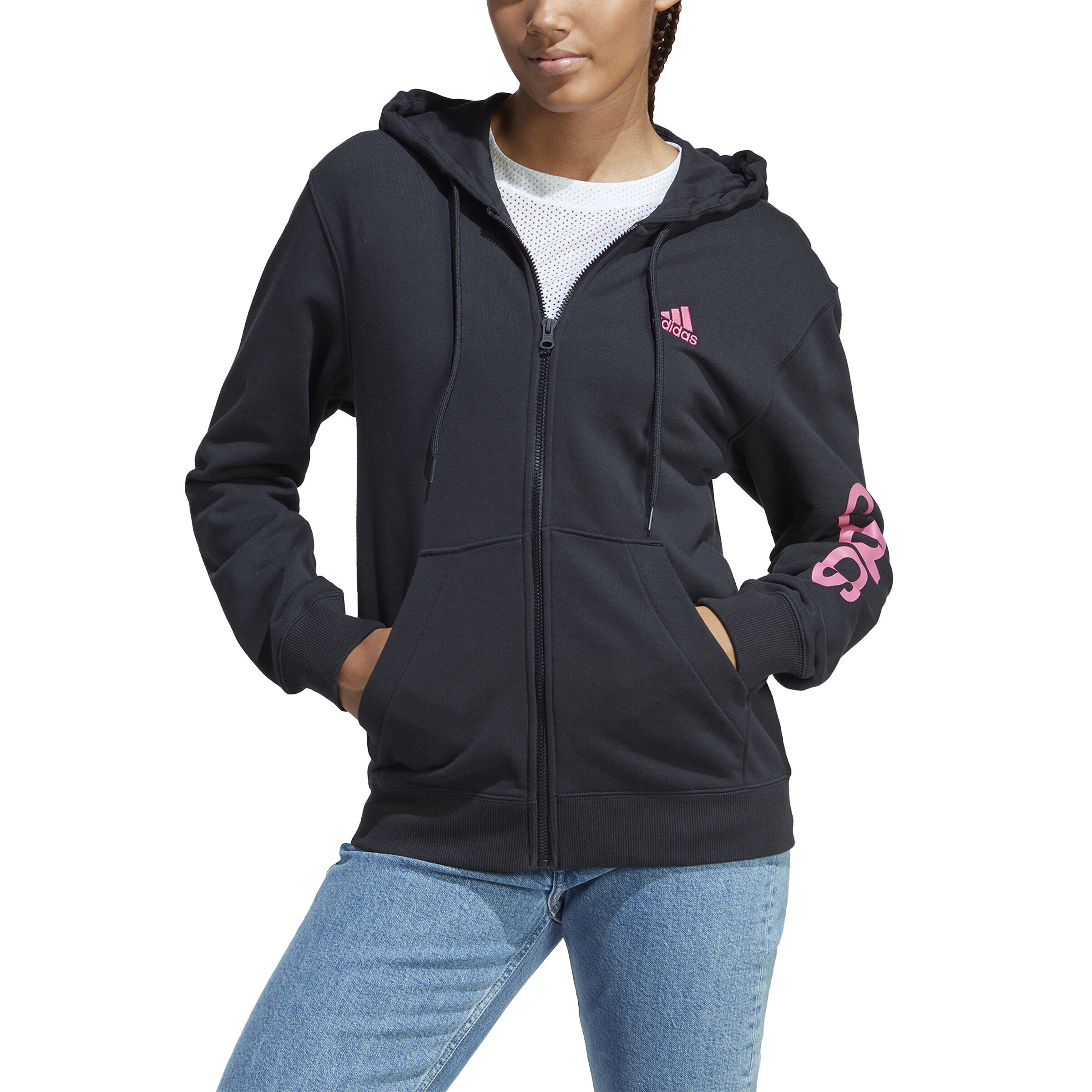 Buy adidas Essentials Linear Full Zip French Terry Zip Hoodie Women Black Pink online Padel Point COM